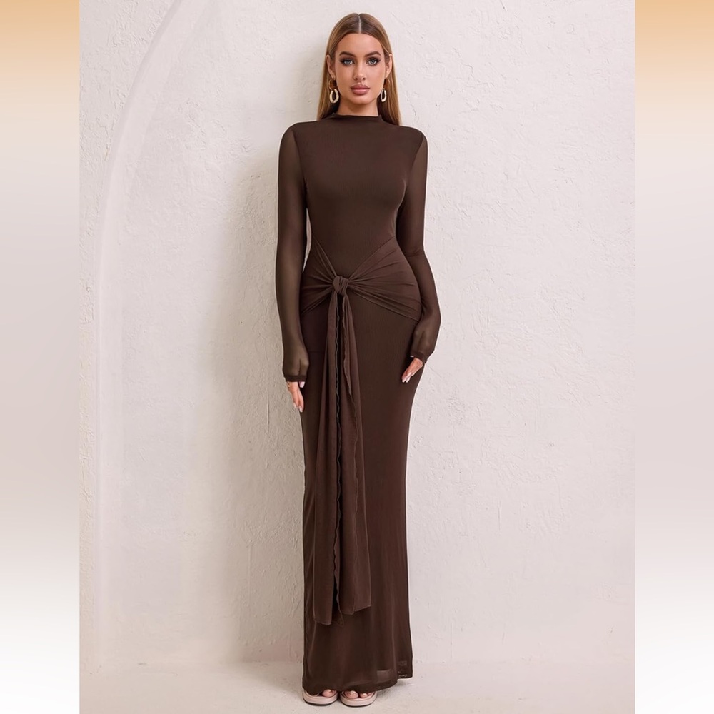 Women's Long Sleeve Bodycon Maxi Dress Mesh Tie Backless Cocktail Dresses